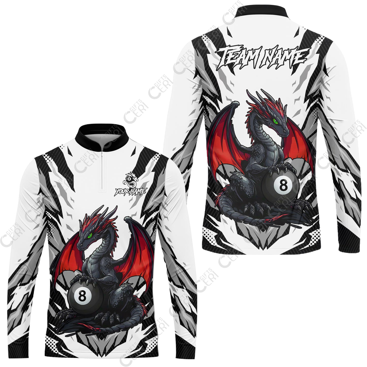 Customized Billiards Stand Collar Quarter-Zip Long Sleeve Jersey, Personalized Baby Dragon 8 Ball Jersey Gift For Billiard Players