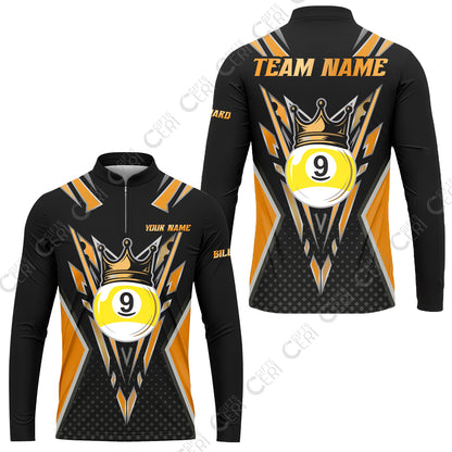 Customized 9 Ball Pool Stand Collar Quarter-Zip Long Sleeve Jersey, Billiard 9-Ball Crown, Billiard Jerseys