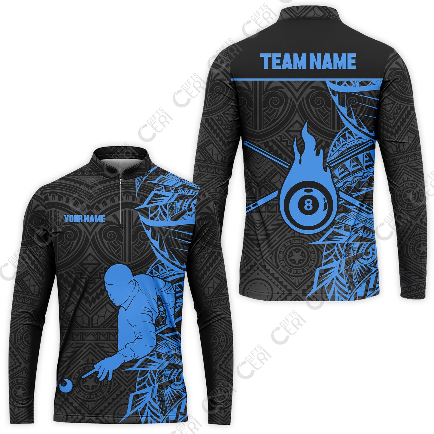 Customized 8 Ball Pool Stand Collar Quarter-Zip Long Sleeve Jersey, 8-Ball Billiards Tattoo Pattern, Billiards Jerseys