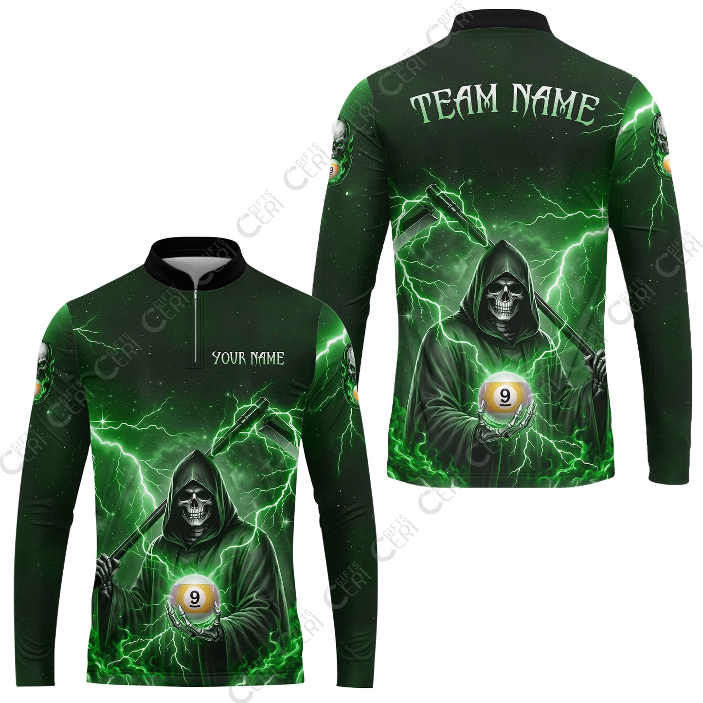 Customized 9 Ball Pool Stand Collar Quarter-Zip Long Sleeve Jersey, Lightning And Flame Grim Reaper With 9 Ball, Personalized Billiards Jersey