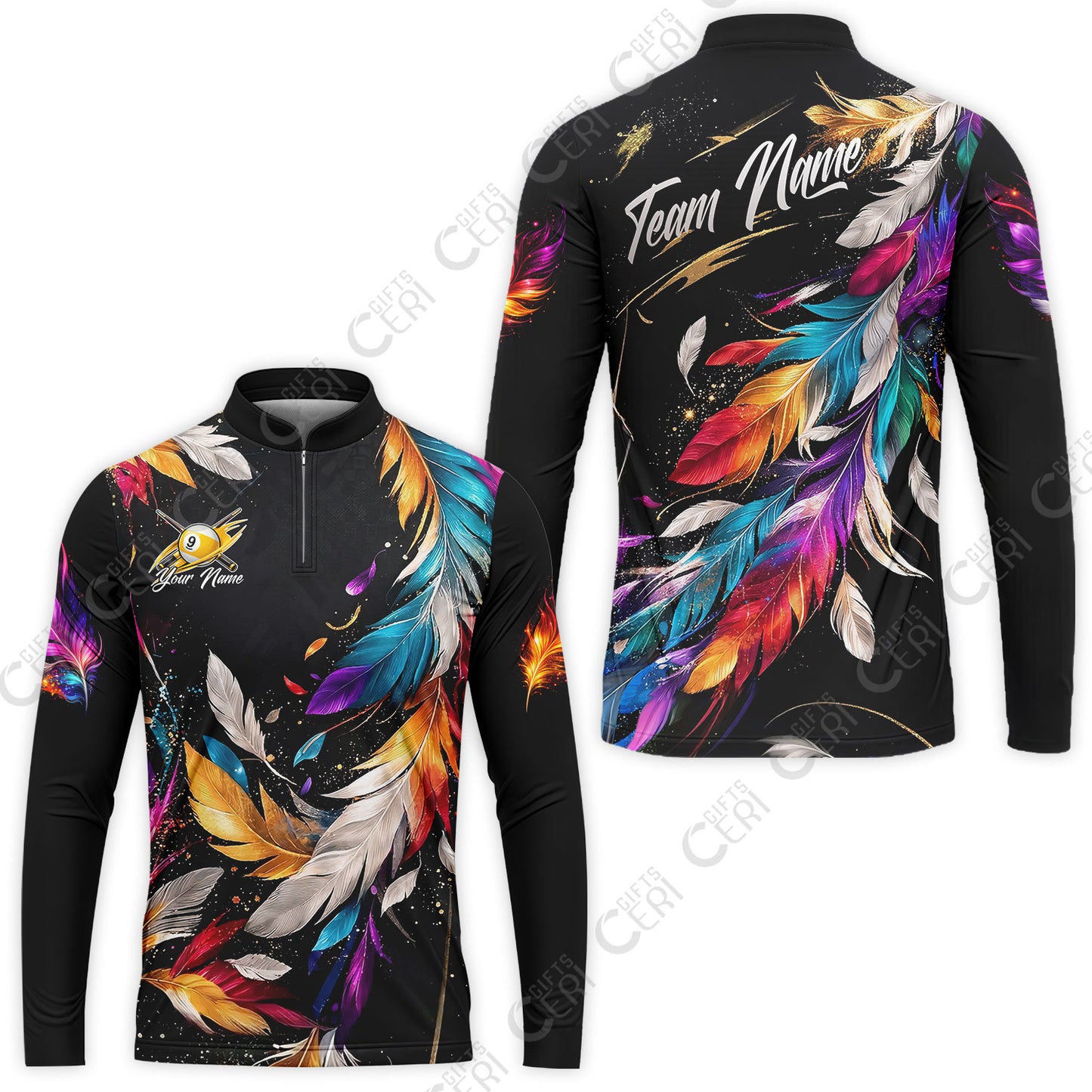 Customized 9 Ball Pool Stand Collar Quarter-Zip Long Sleeve Jersey, Feather Splash Billiard 9-ball, Personalized Billiards Jersey