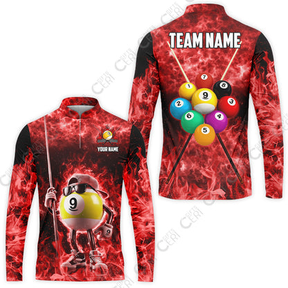 Customized 9 Ball Pool Stand Collar Quarter-Zip Long Sleeve Jersey, 9-Ball Wearing Cap And Sunglasses Flaming Burn, Billiard Jerseys
