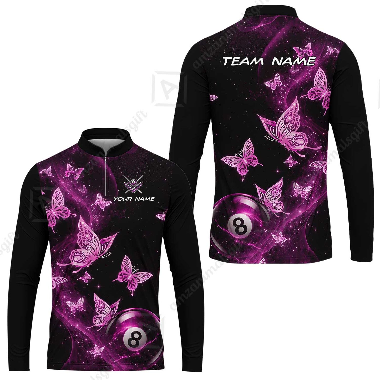 Customized 8 Ball Pool Stand Collar Quarter-Zip Long Sleeve Jersey, Galaxy And Butterflies, Personalized Billiards Jersey