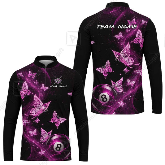Customized 8 Ball Pool Stand Collar Quarter-Zip Long Sleeve Jersey, Galaxy And Butterflies, Personalized Billiards Jersey