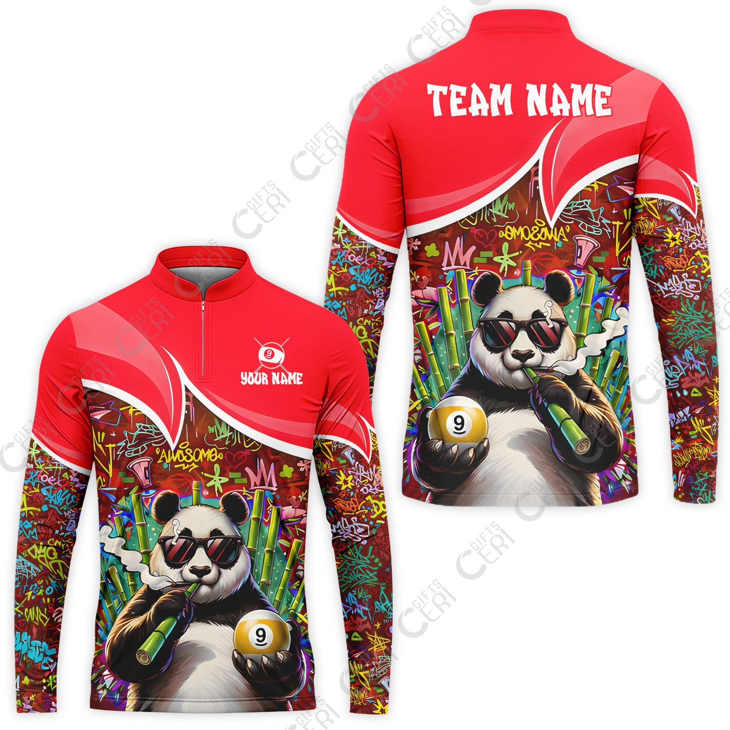 Customized 9 Ball Pool Stand Collar Quarter-Zip Long Sleeve Jersey, 9-Ball Panda Bamboo Billiards, Billiards Jerseys