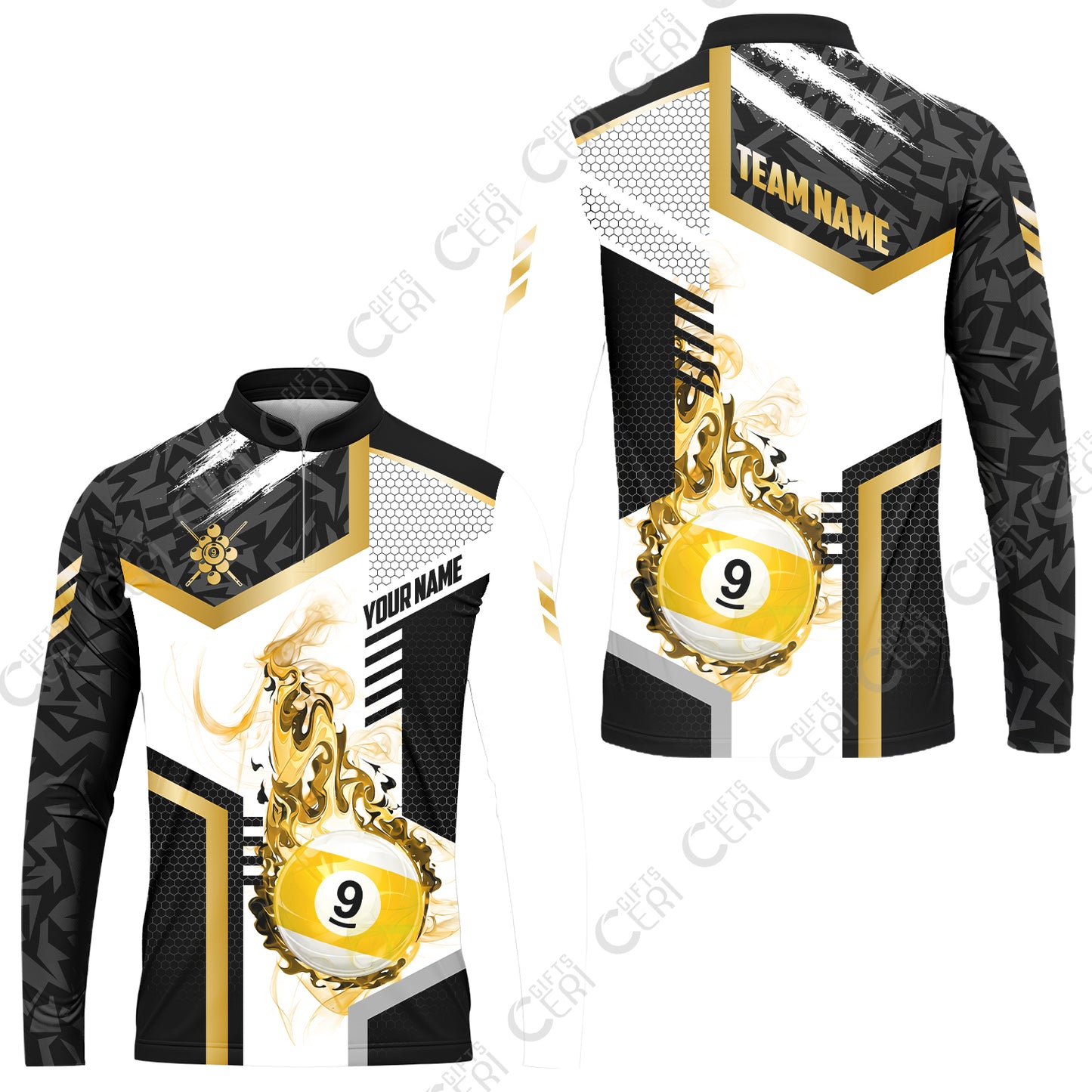 Customized 9 Ball Pool Stand Collar Quarter-Zip Long Sleeve Jersey, Flaming 9-Ball Graphic, Billiards Jersey