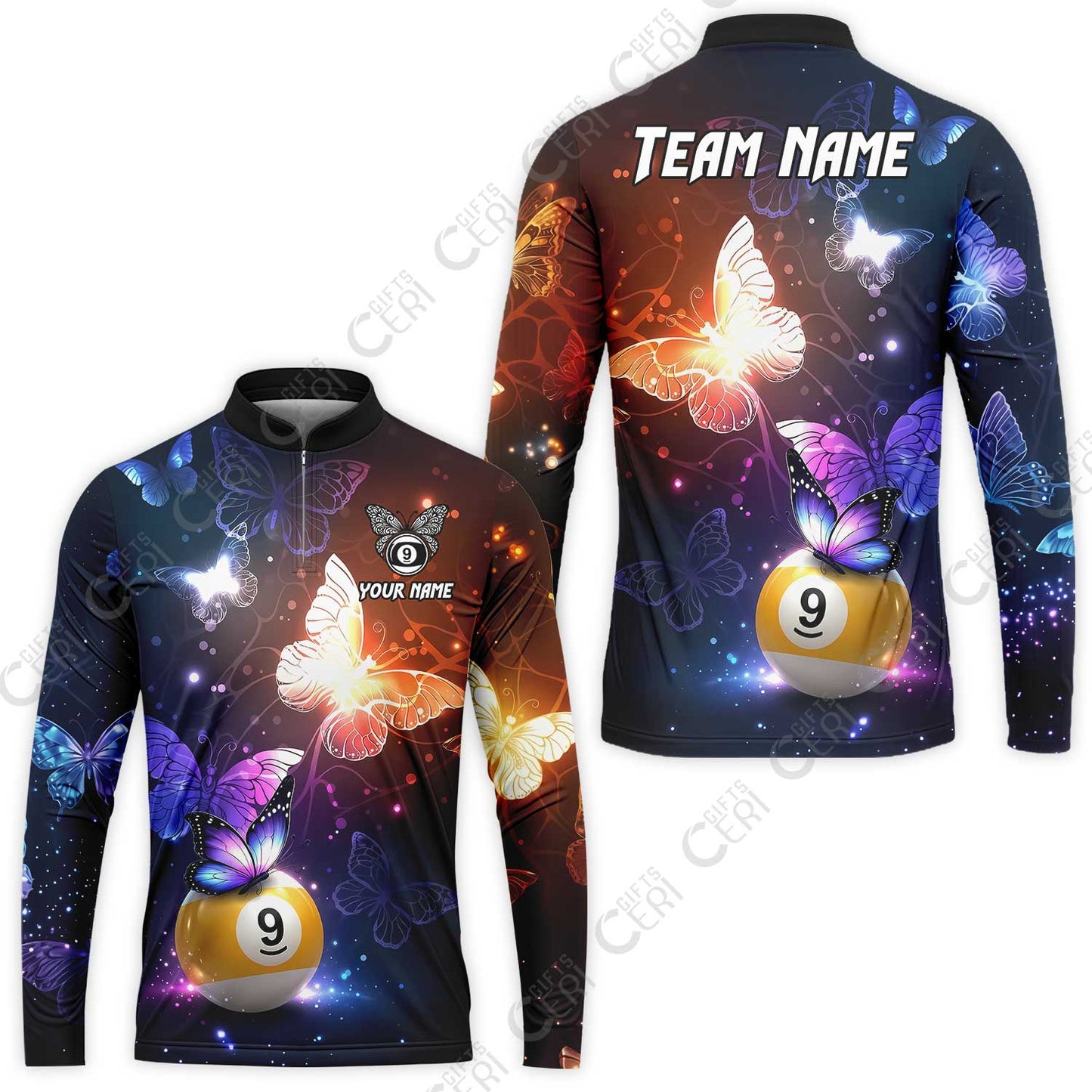 Customized 9 Ball Pool Stand Collar Quarter-Zip Long Sleeve Jersey, Brush Paint Billiard Butterfly Sparkle 9-Ball, Personalized Billiards Jersey