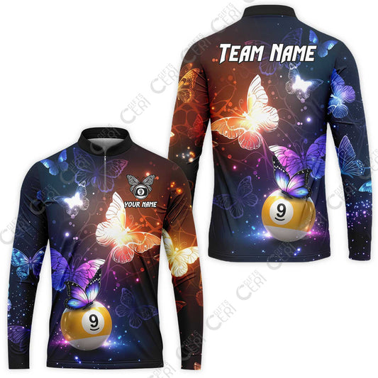 Customized 9 Ball Pool Stand Collar Quarter-Zip Long Sleeve Jersey, Brush Paint Billiard Butterfly Sparkle 9-Ball, Personalized Billiards Jersey
