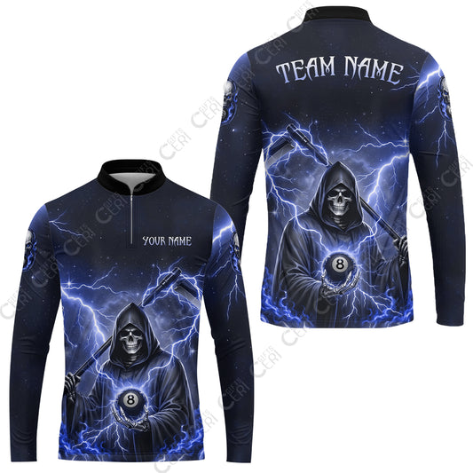 Customized 8 Ball Pool Stand Collar Quarter-Zip Long Sleeve Jersey, Lightning And Flame Grim Reaper With 8 Ball, Personalized Billiards Jersey