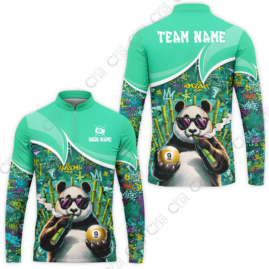 Customized 9 Ball Pool Stand Collar Quarter-Zip Long Sleeve Jersey, 9-Ball Panda Bamboo Billiards, Billiards Jerseys