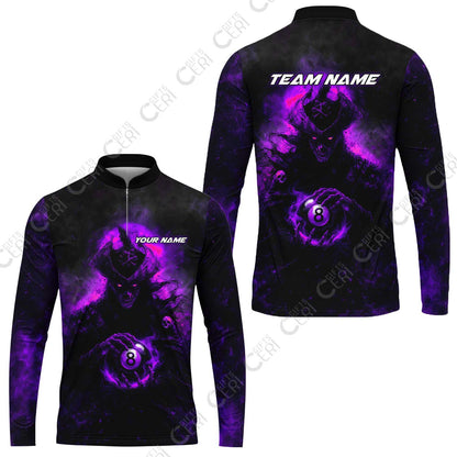 Customized Billiards Stand Collar Quarter-Zip Long Sleeve Jersey, Personalized Ghost Captains 8 Ball Jersey Gift For Billiard Players