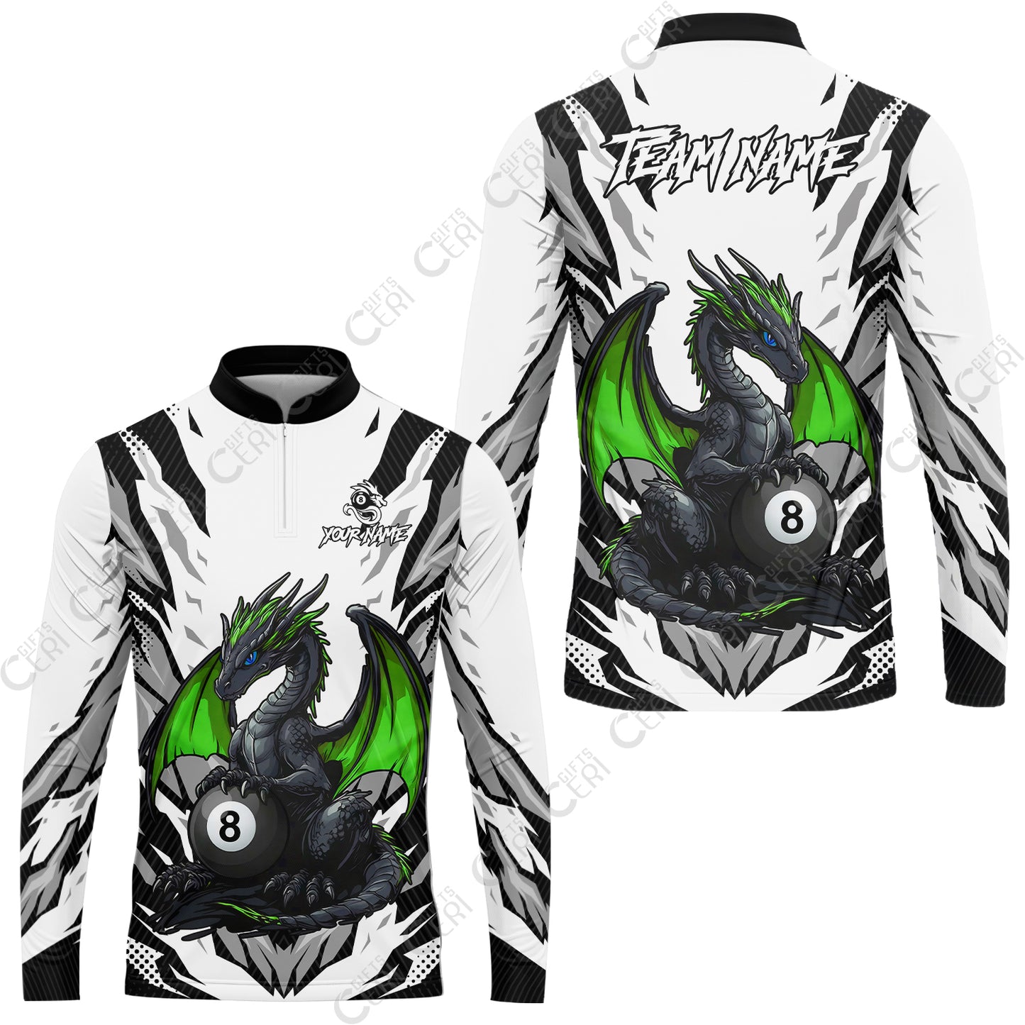 Customized Billiards Stand Collar Quarter-Zip Long Sleeve Jersey, Personalized Baby Dragon 8 Ball Jersey Gift For Billiard Players