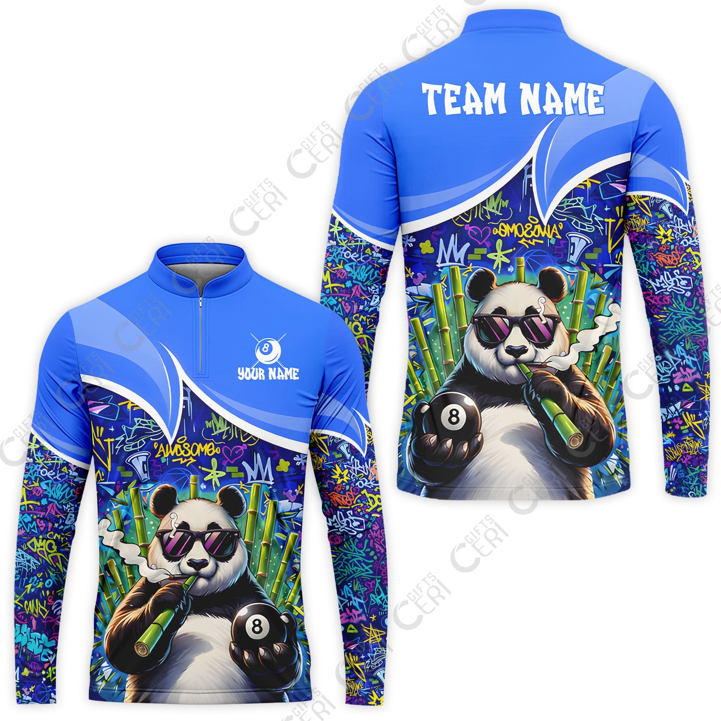 Customized 8 Ball Pool Stand Collar Quarter-Zip Long Sleeve Jersey, 8-Ball Panda Bamboo Billiards, Billiards Jerseys