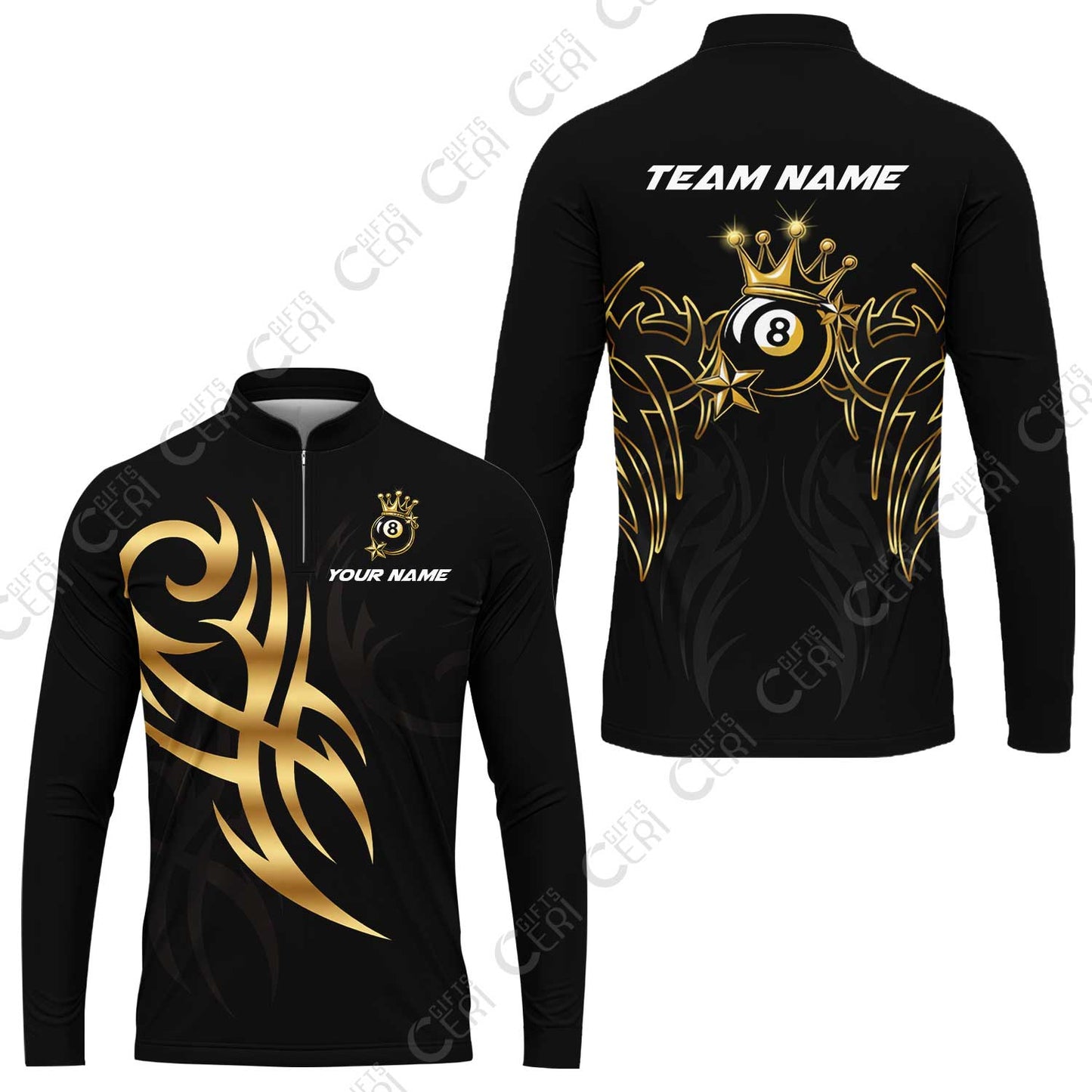 Customized 8 Ball Pool Stand Collar Quarter-Zip Long Sleeve Jersey, Billiard 8-Ball Crown And Stars, Billiards Jerseys