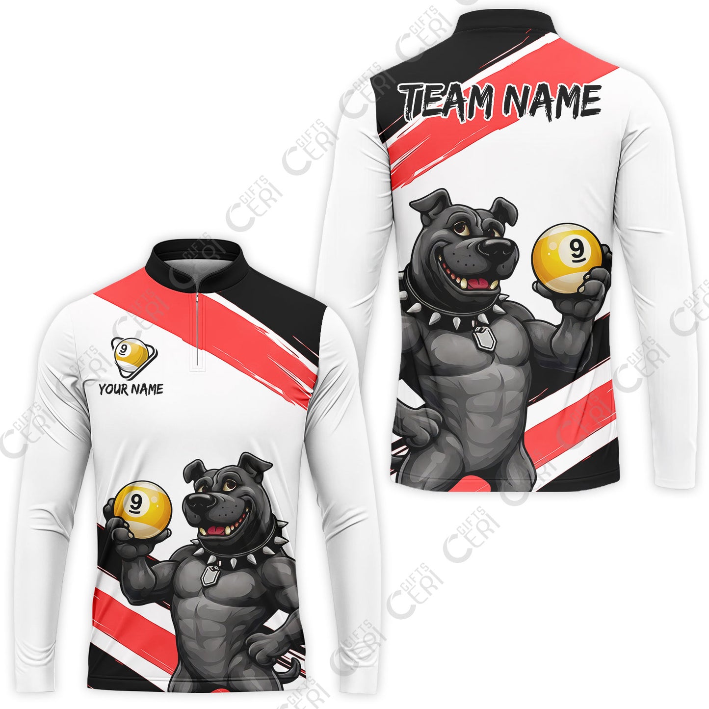 Customized Billiards Stand Collar Quarter-Zip Long Sleeve Jersey, Personalized Pitbull 9 Ball Jersey Gift For Billiard Players