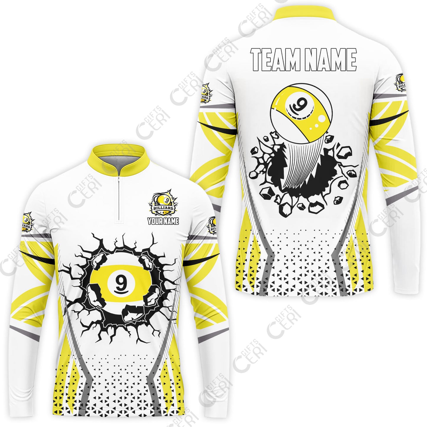 Customized 9 Ball Pool Stand Collar Quarter-Zip Long Sleeve Jersey, Billiard Triangle Pattern, 9-Ball Breaks The Wall, Billiard Jerseys