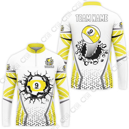 Customized 9 Ball Pool Stand Collar Quarter-Zip Long Sleeve Jersey, Billiard Triangle Pattern, 9-Ball Breaks The Wall, Billiard Jerseys