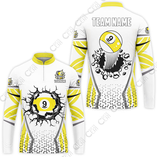 Customized 9 Ball Pool Stand Collar Quarter-Zip Long Sleeve Jersey, Billiard Triangle Pattern, 9-Ball Breaks The Wall, Billiard Jerseys