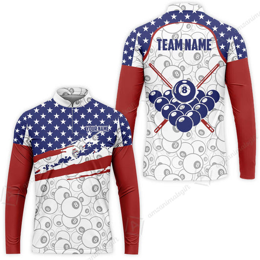 Customized 8 Ball Pool Stand Collar Quarter-Zip Long Sleeve Jersey, American Star Flag Billiard 8-Ball, Personalized Billiards Jersey