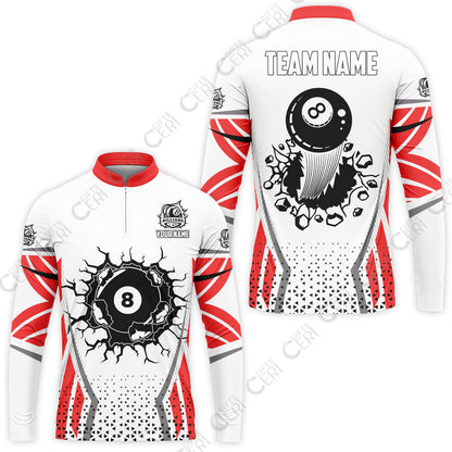 Customized 8 Ball Pool Stand Collar Quarter-Zip Long Sleeve Jersey, Billiard Triangle Pattern, 8-Ball Breaks The Wall, Billiard Jerseys
