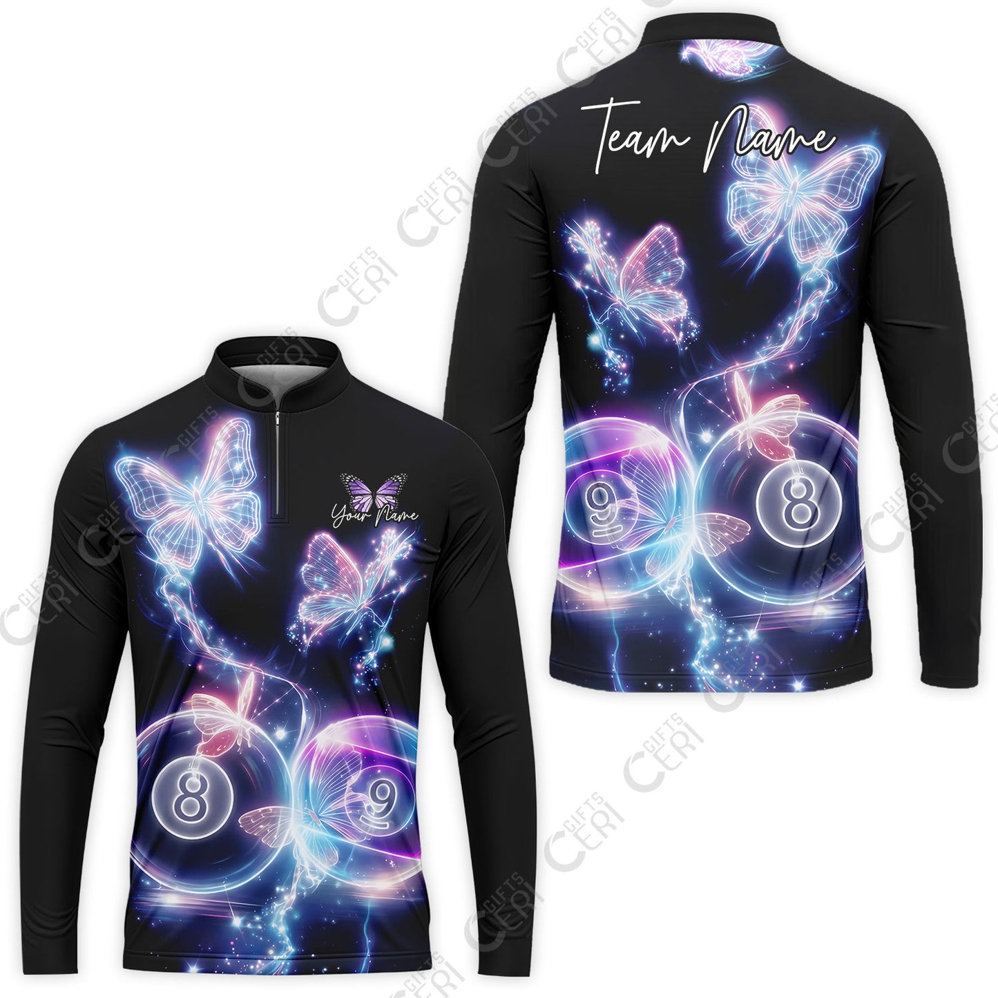 Customized Billiards Stand Collar Quarter-Zip Long Sleeve Jersey, 8 & 9 Ball Neon Butterfly Galaxy Jersey, Billiards Jerseys