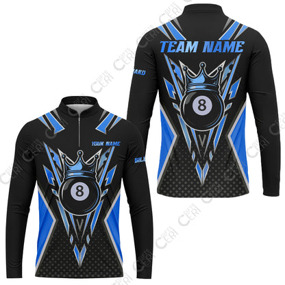 Customized 8 Ball Pool Stand Collar Quarter-Zip Long Sleeve Jersey, Billiard 8-Ball Crown, Billiard Jerseys