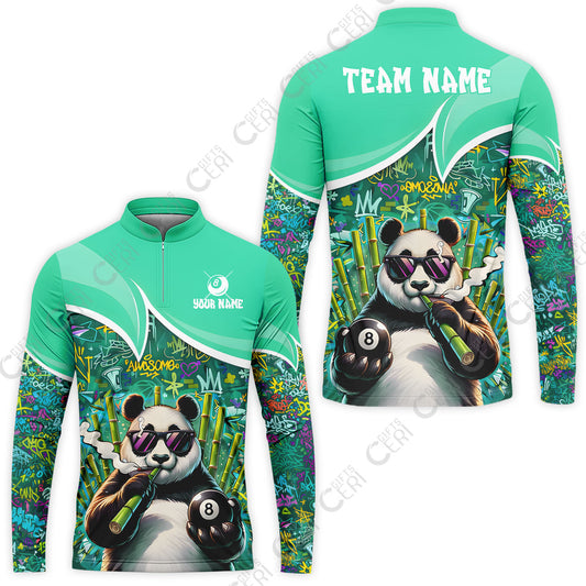 Customized 8 Ball Pool Stand Collar Quarter-Zip Long Sleeve Jersey, 8-Ball Panda Bamboo Billiards, Billiards Jerseys