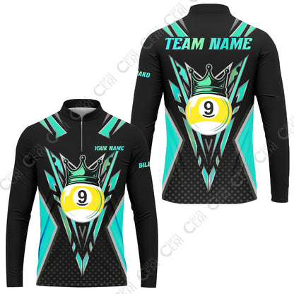 Customized 9 Ball Pool Stand Collar Quarter-Zip Long Sleeve Jersey, Billiard 9-Ball Crown, Billiard Jerseys