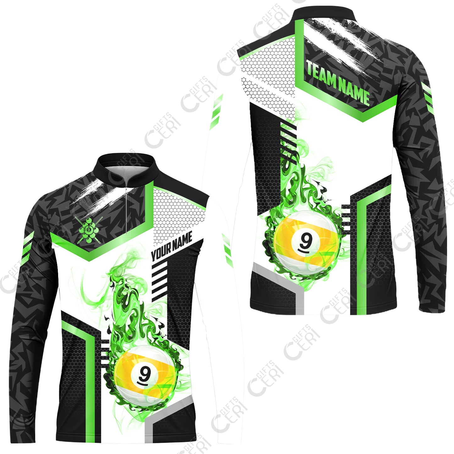 Customized 9 Ball Pool Stand Collar Quarter-Zip Long Sleeve Jersey, Flaming 9-Ball Graphic, Billiards Jersey