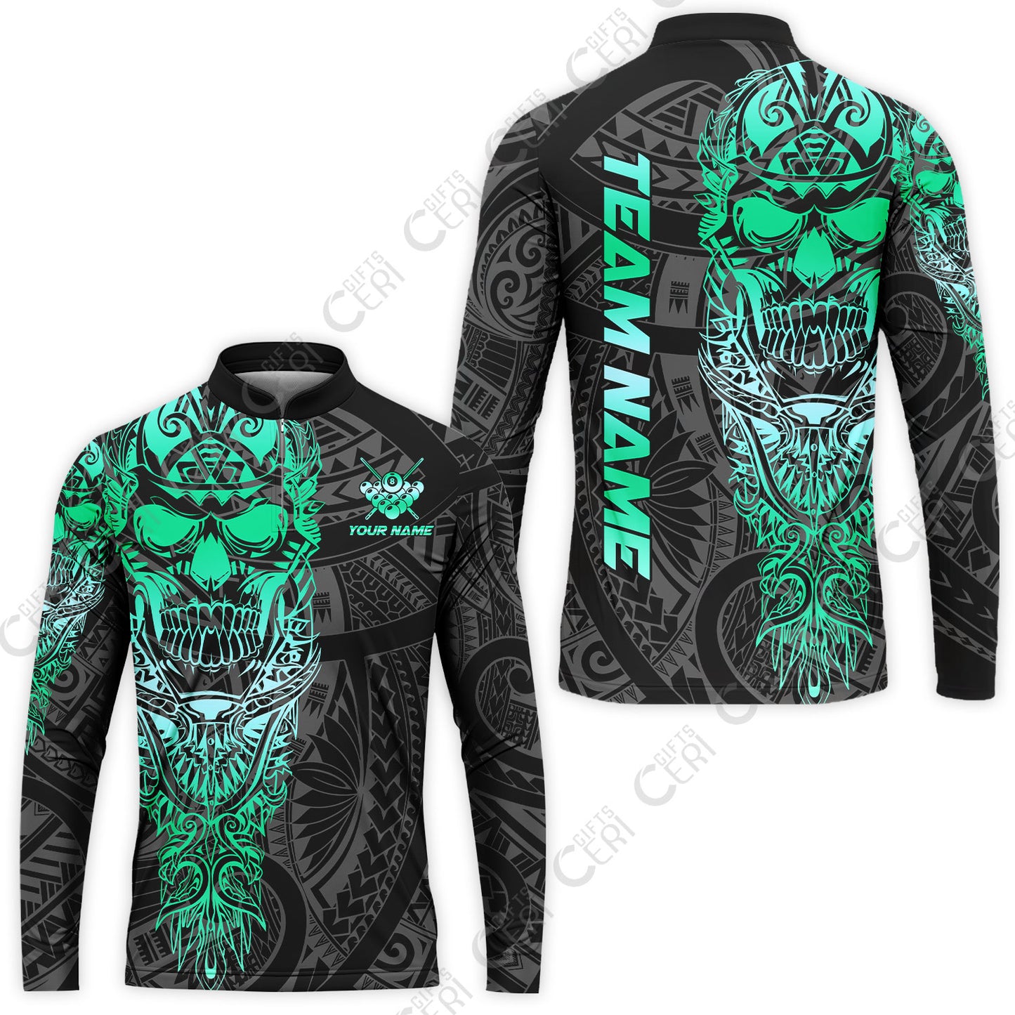 Customized 8 Ball Pool Stand Collar Quarter-Zip Long Sleeve Jersey, 8-Ball Billiard Ethnic Tribal Style Pattern, Billiards Jerseys