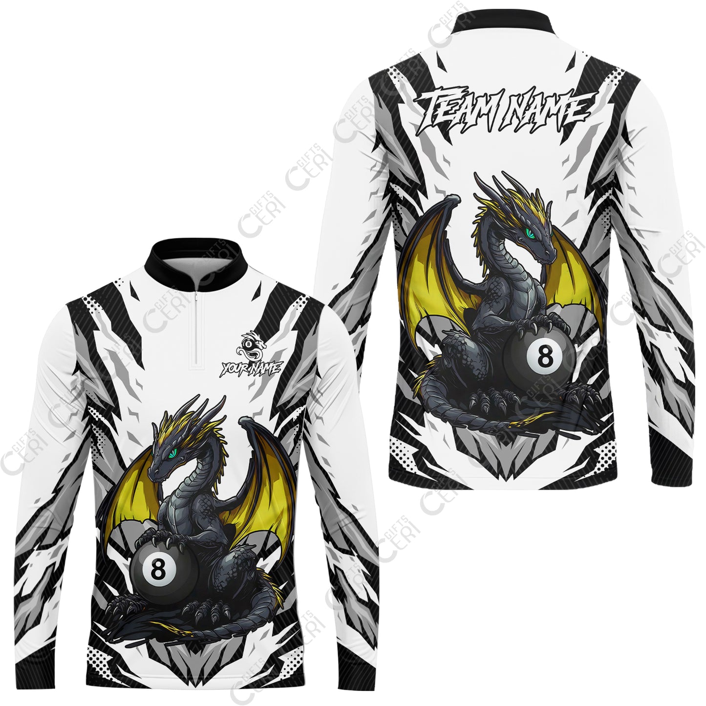 Customized Billiards Stand Collar Quarter-Zip Long Sleeve Jersey, Personalized Baby Dragon 8 Ball Jersey Gift For Billiard Players