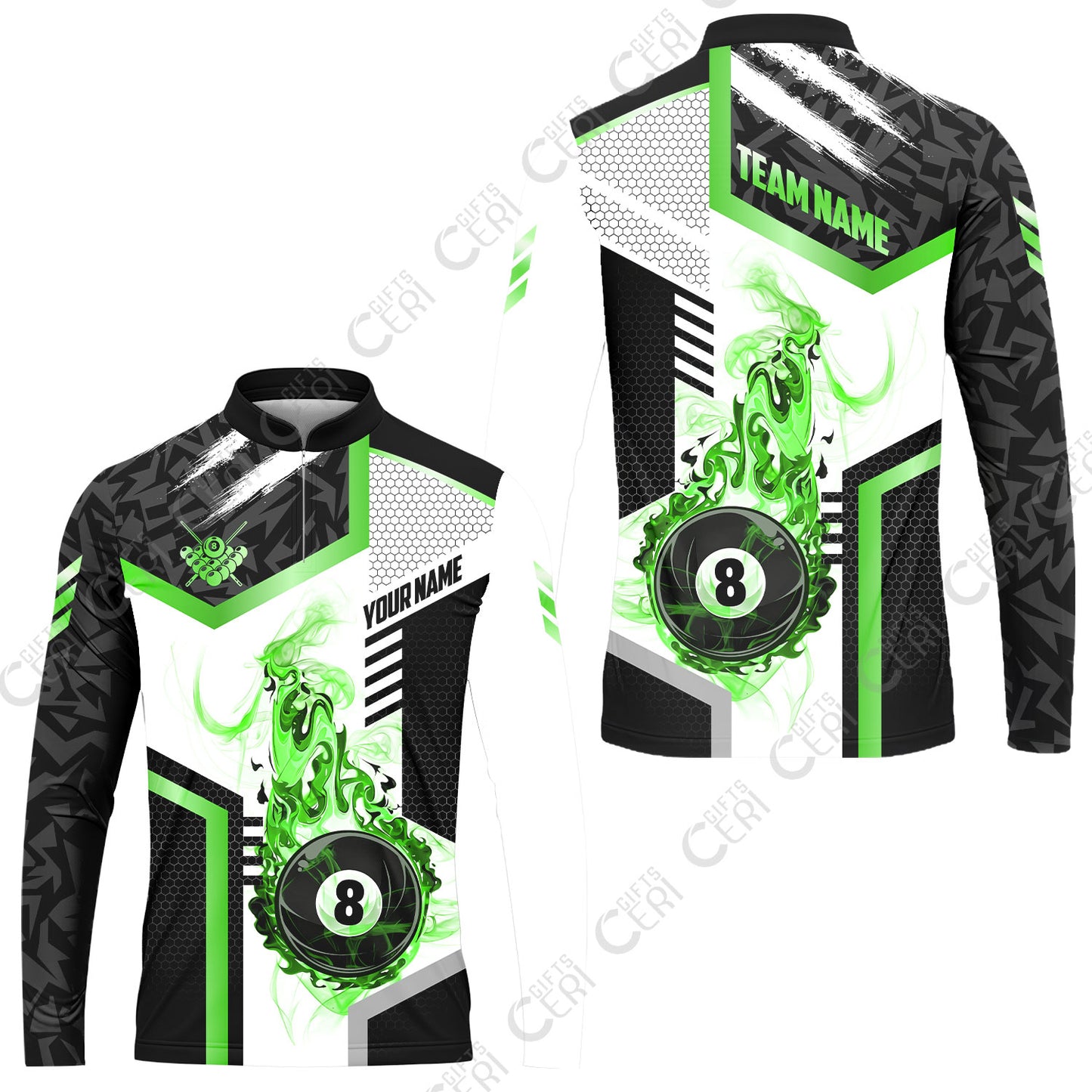 Customized Billiards Stand Collar Quarter-Zip Long Sleeve Jersey, Flaming 8-Ball Graphic, 8 Ball Pool Jersey