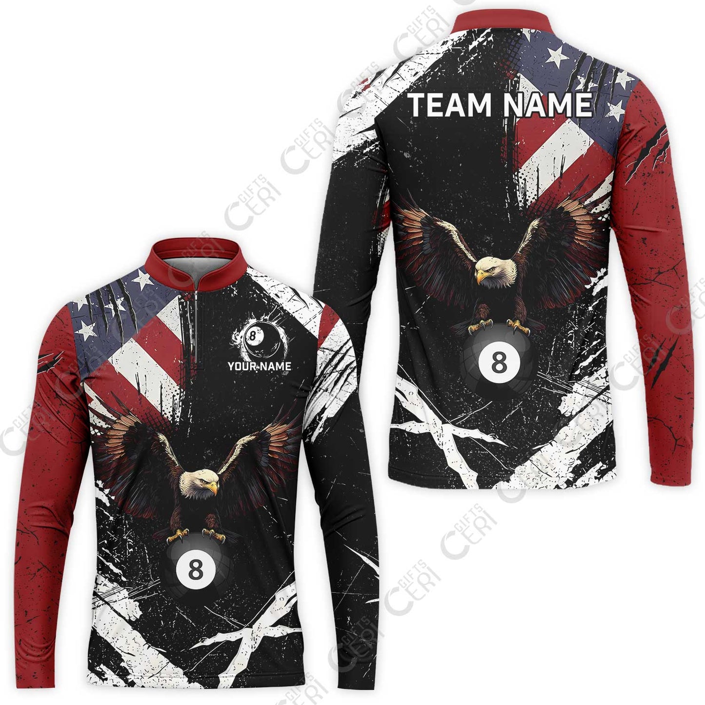 Customized 8 Ball Pool Stand Collar Quarter-Zip Long Sleeve Jersey, Eagle Billiard American Flag 8-ball, Personalized Billiards Jersey