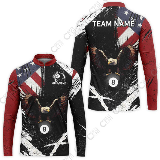 Customized 8 Ball Pool Stand Collar Quarter-Zip Long Sleeve Jersey, Eagle Billiard American Flag 8-ball, Personalized Billiards Jersey