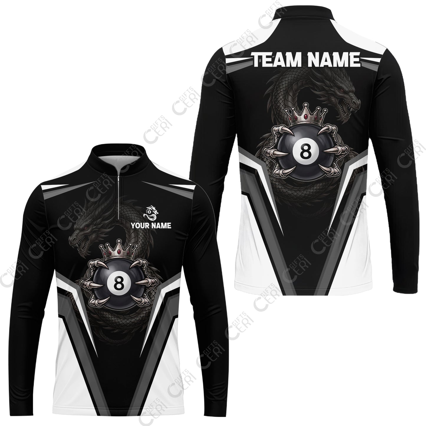 Customized 8 Ball Pool Stand Collar Quarter-Zip Long Sleeve Jersey, Dragon's Holding 8-Ball, Personalized Billiards Jersey