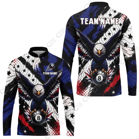 Customized 8 Ball Pool Stand Collar Quarter-Zip Long Sleeve Jersey, Eagle Holding Ball American Flag 8-ball, Personalized Billiards Jersey