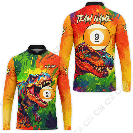 Customized 9 Ball Pool Stand Collar Quarter-Zip Long Sleeve Jersey, Dinosaur Colorful Splash Paint Billiard 9-Ball, Personalized Billiards Jersey
