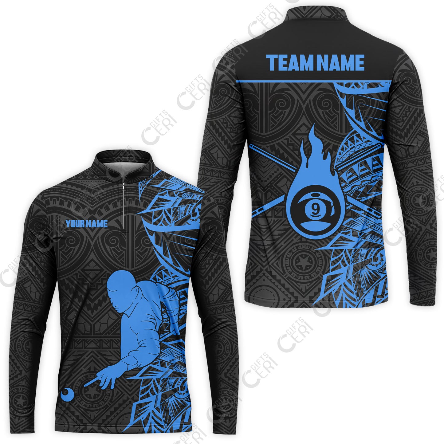 Customized 9 Ball Pool Stand Collar Quarter-Zip Long Sleeve Jersey, 9-Ball Billiards Tattoo Pattern, Billiards Jerseys