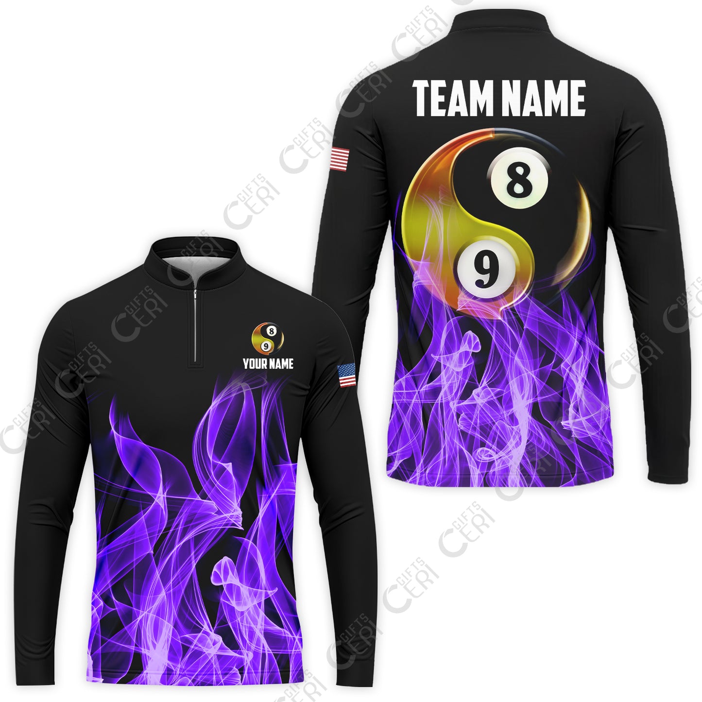 Customized Billiard Stand Collar Quarter-Zip Long Sleeve Jersey, Billiard 8-Ball And 9-Ball Yin-Yang Flame, Billiard Jerseys