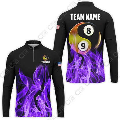 Customized Billiard Stand Collar Quarter-Zip Long Sleeve Jersey, Billiard 8-Ball And 9-Ball Yin-Yang Flame, Billiard Jerseys