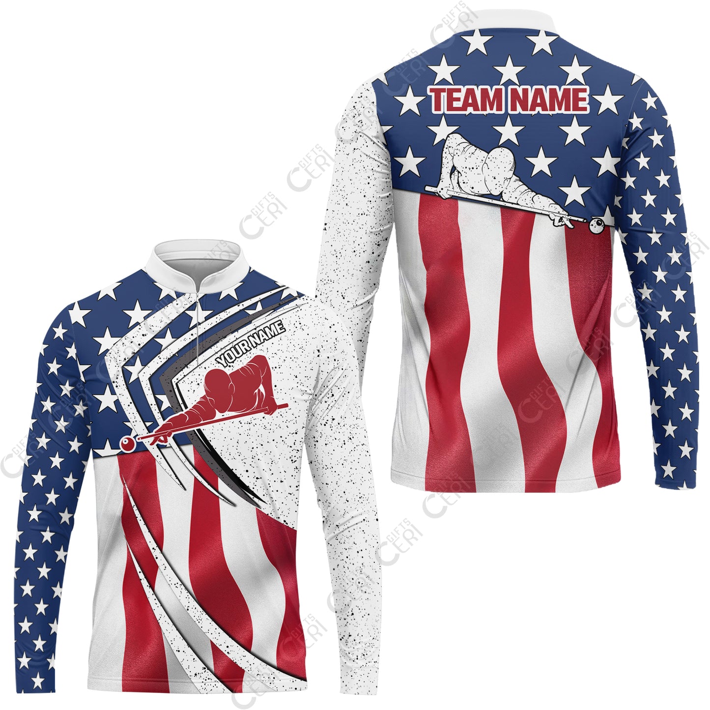 Customized Billiards Stand Collar Quarter-Zip Long Sleeve Jersey, Billiards Player Silhouette With American Flag, Billiards Jerseys