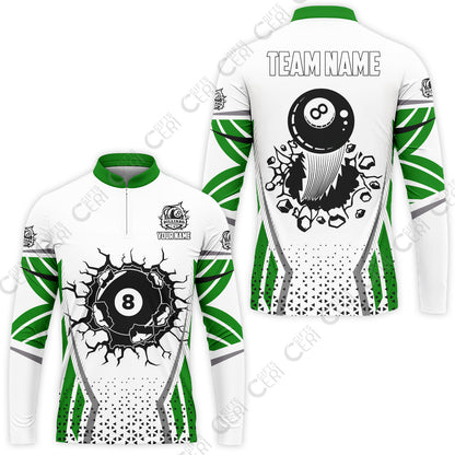Customized 8 Ball Pool Stand Collar Quarter-Zip Long Sleeve Jersey, Billiard Triangle Pattern, 8-Ball Breaks The Wall, Billiard Jerseys