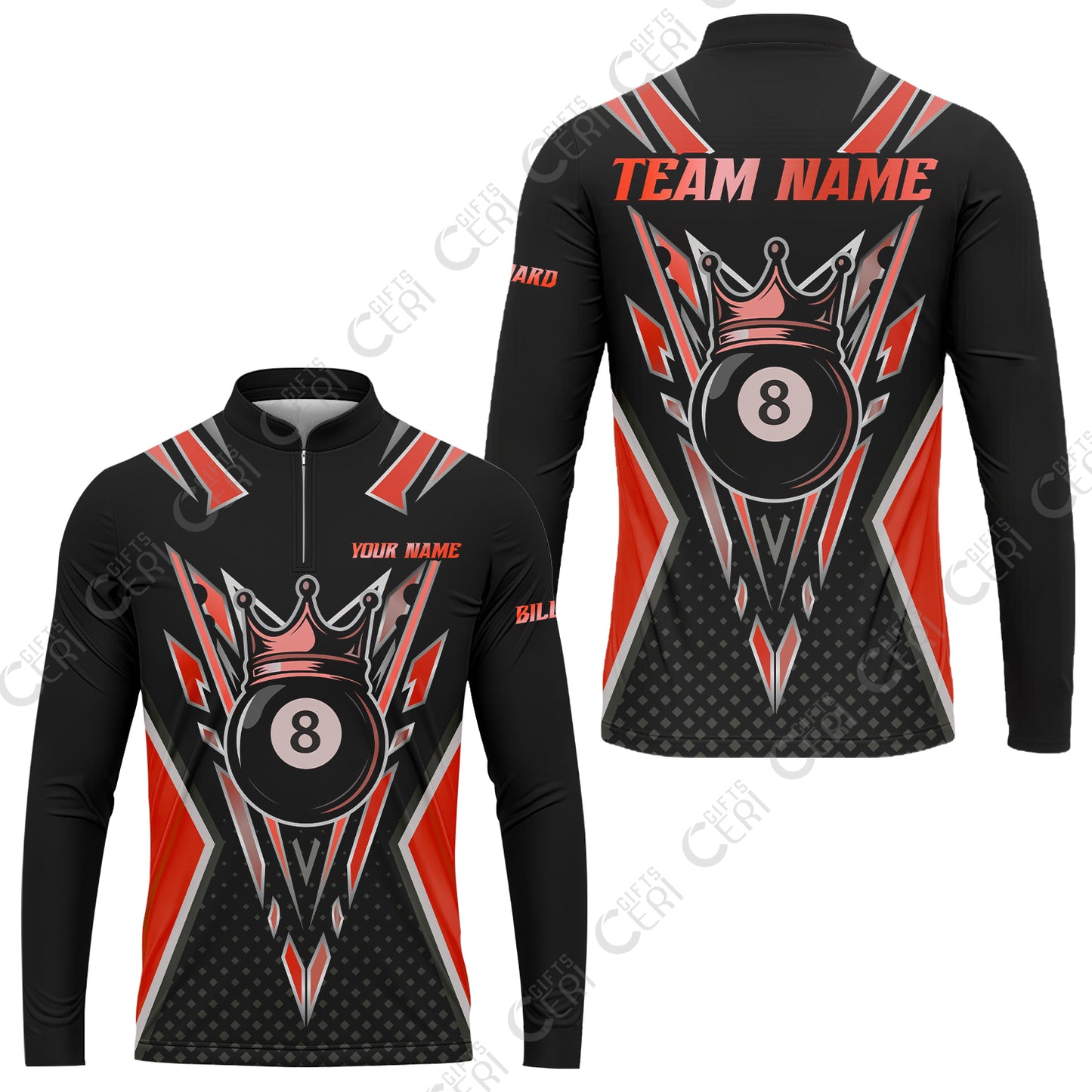 Customized 8 Ball Pool Stand Collar Quarter-Zip Long Sleeve Jersey, Billiard 8-Ball Crown, Billiard Jerseys