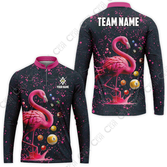 Customized 9 Ball Pool Stand Collar Quarter-Zip Long Sleeve Jersey, Flamingo Pink Splat Billiard 9-Ball, Billiards Jersey