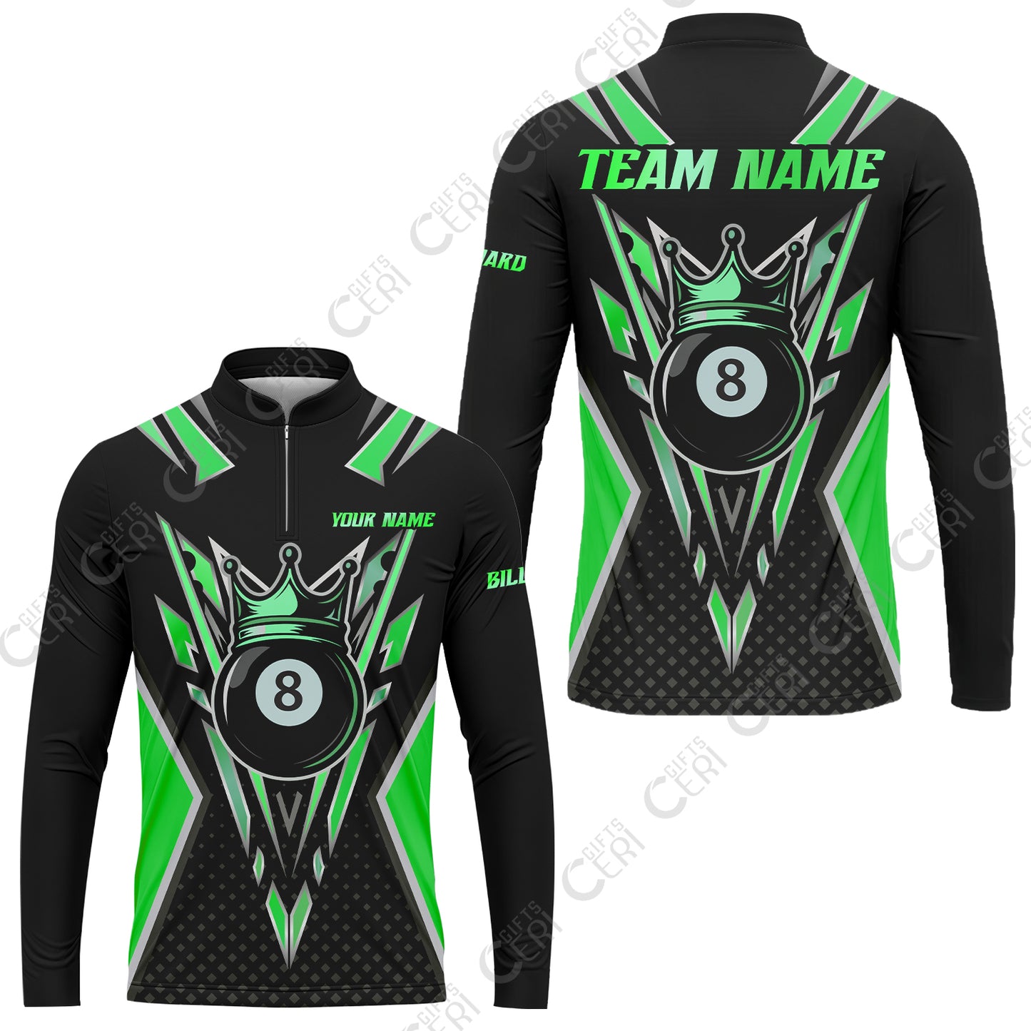 Customized 8 Ball Pool Stand Collar Quarter-Zip Long Sleeve Jersey, Billiard 8-Ball Crown, Billiard Jerseys
