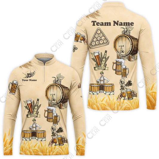 Customized 8 Ball Pool Stand Collar Quarter-Zip Long Sleeve Jersey, Beer 3 Scale Billiard 8-Ball, Personalized Billiards Jersey