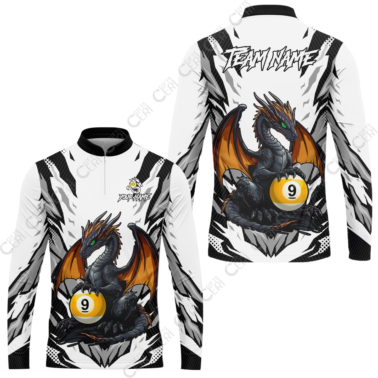 Customized Billiards Stand Collar Quarter-Zip Long Sleeve Jersey, Personalized Baby Dragon 9 Ball Jersey Gift For Billiard Players