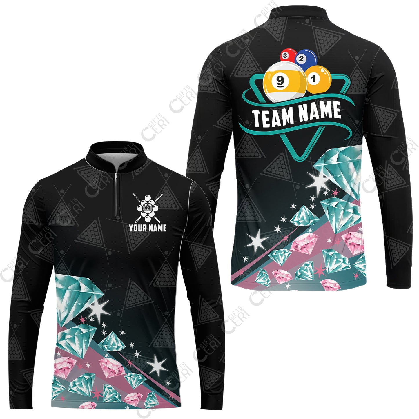 Customized 9 Ball Pool Stand Collar Quarter-Zip Long Sleeve Jersey, Diamonds Billiard 9-Ball, Personalized Billiards Jersey