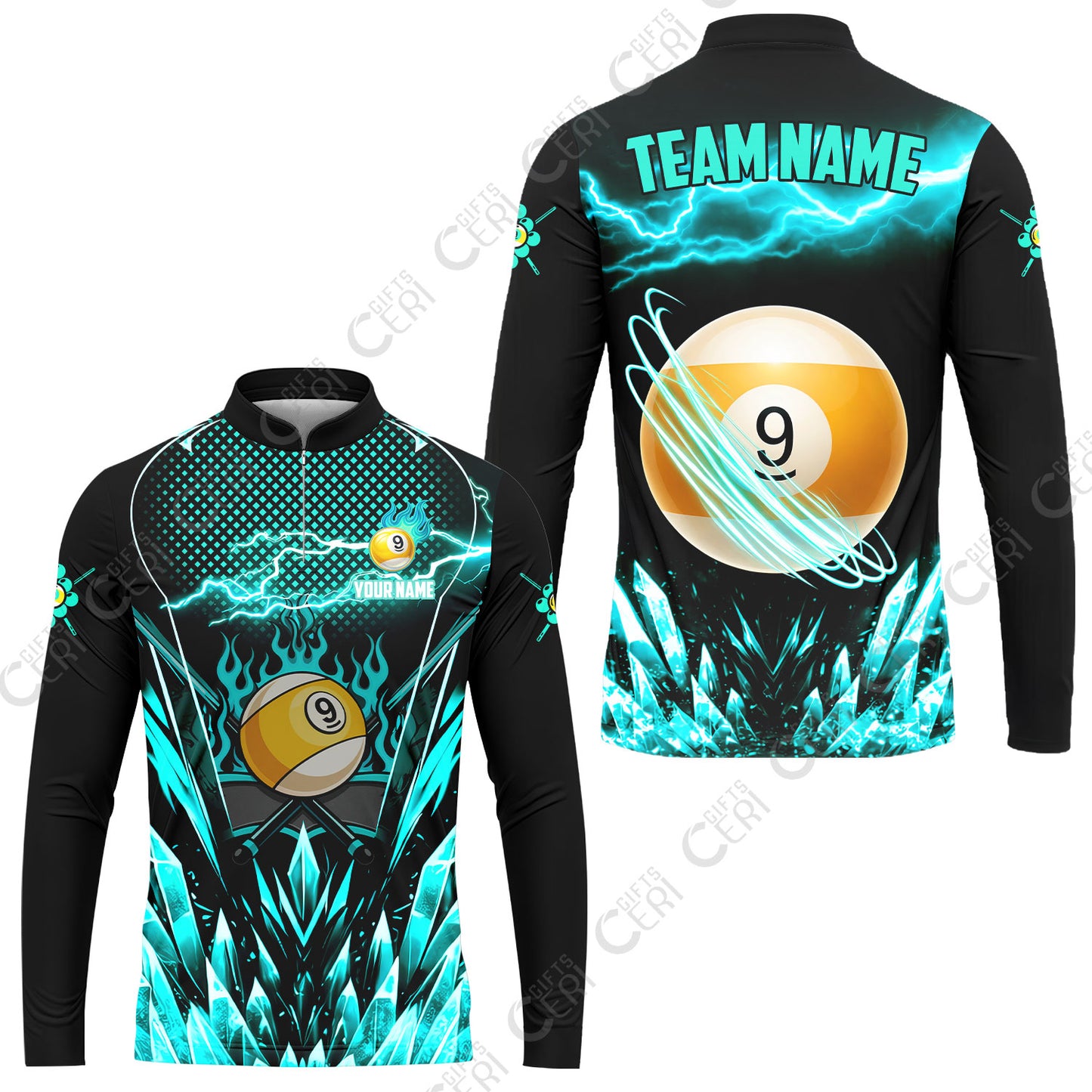 Customized 9 Ball Pool Stand Collar Quarter-Zip Long Sleeve Jersey, Electric Lightning Crystal, Billiards Jerseys