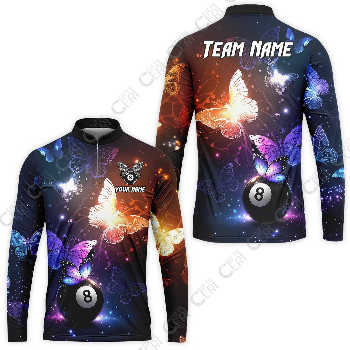 Customized 8 Ball Pool Stand Collar Quarter-Zip Long Sleeve Jersey, Billiard Butterfly Sparkle 8-Ball, Personalized Billiards Jersey